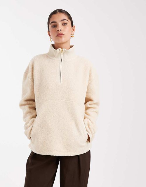 Ladies borg jacket fleece back borg 1/4 zip jumper in cream-White