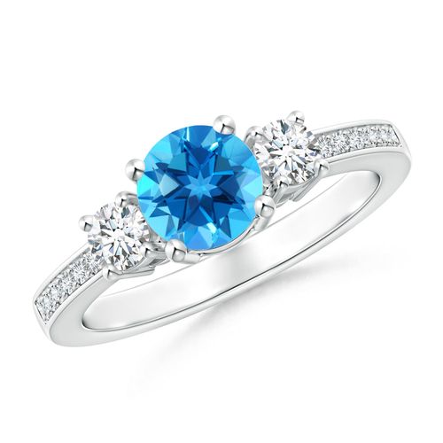 Angara 0.95 Carat Classic Three Stone Round Swiss Blue Topaz and Diamond Engagement Ring in Platinum