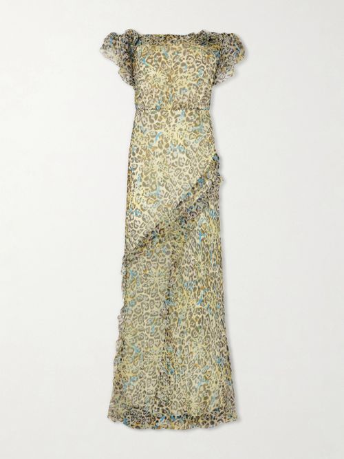 Nina Off-the-shoulder Ruffled Printed Silk Gown