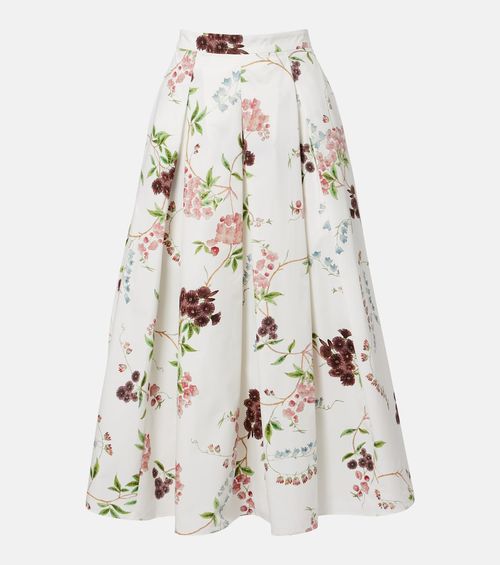 Floral pleated cotton poplin midi skirt