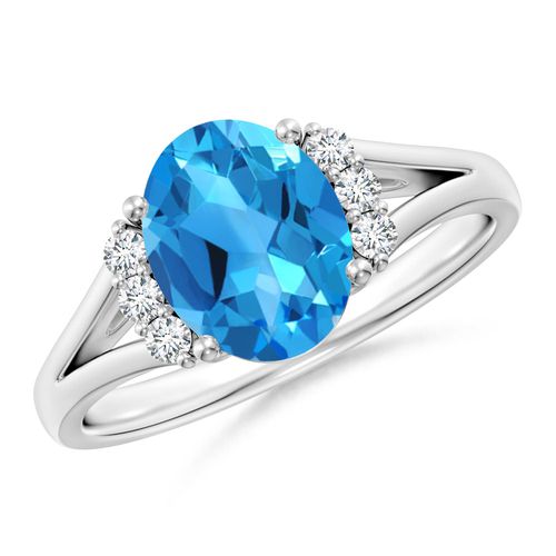 Angara 2.25 Carats Oval Swiss Blue Topaz with Round Diamond Collar Ring in Platinum