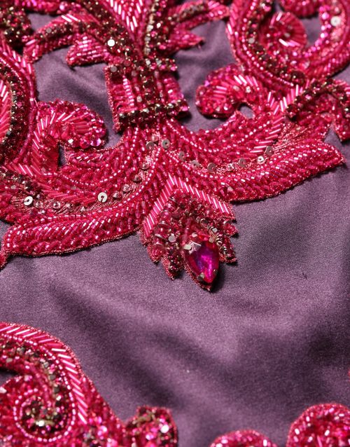 Silk Crystal Beaded Strapless Gown — Purple