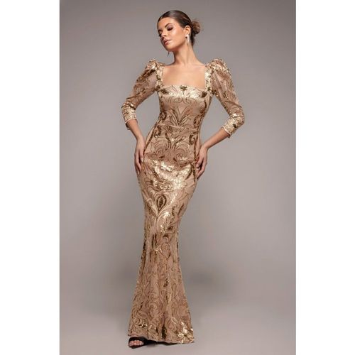 Goddiva Square Neck Scalloped Lace Maxi - Champagne