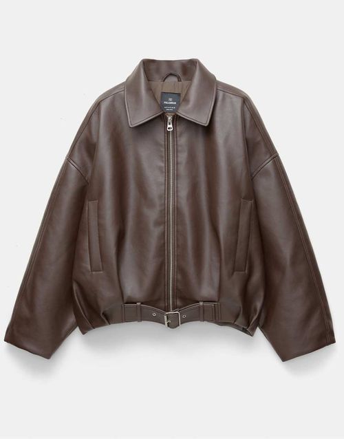 Leather effect balloon bomber jacket in chocolate-Brown