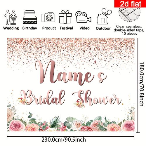 TEMU 2d Flat, Customizable Bridal Shower Party Banner - Polyester Rose & Golden Confetti Backdrop With Personalized Name, Floral Theme For Cake
