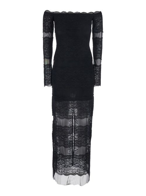Black Long Dress With All-Over Embroidery Design In Tech Fabric Woman