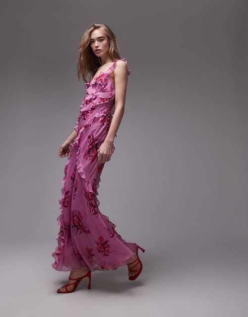 Topshop | Topshop ruffle cami maxi slip dress in pink based floral | Realry