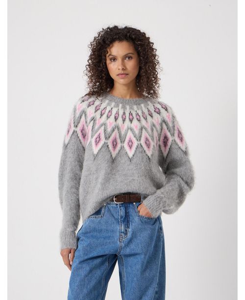 Women's Brushed Fair Isle Mohair Blend Sweater - Light grey marl