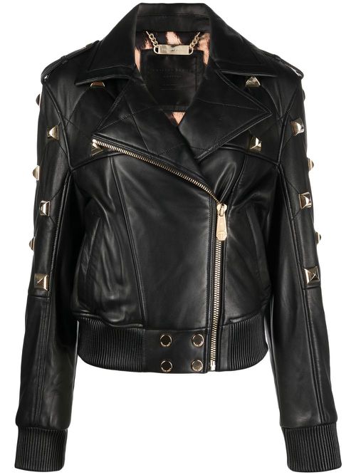 Studded leather bomber jacket - Black
