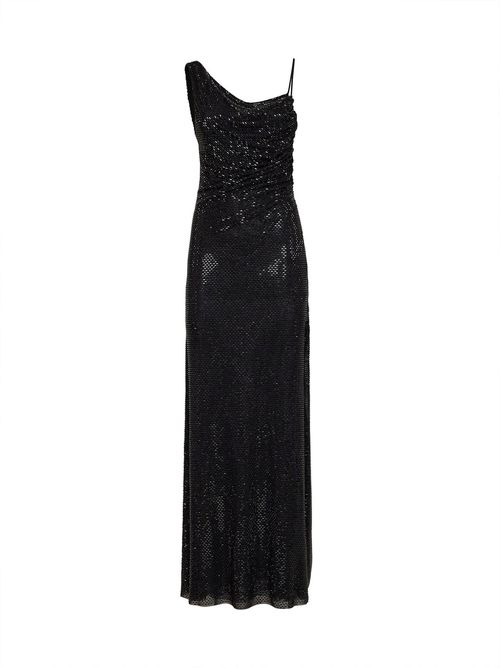 Rhinestone-Embellished Draped Tulle Maxi Dress — Black