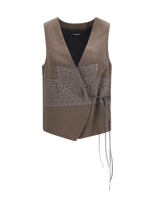 Washed Silk and Wool Jacquard Vest — Brown