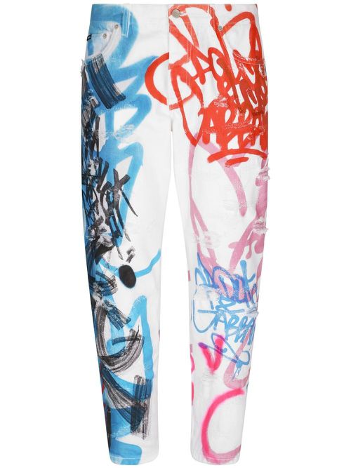 Graffiti-print straight leg jeans - Blue