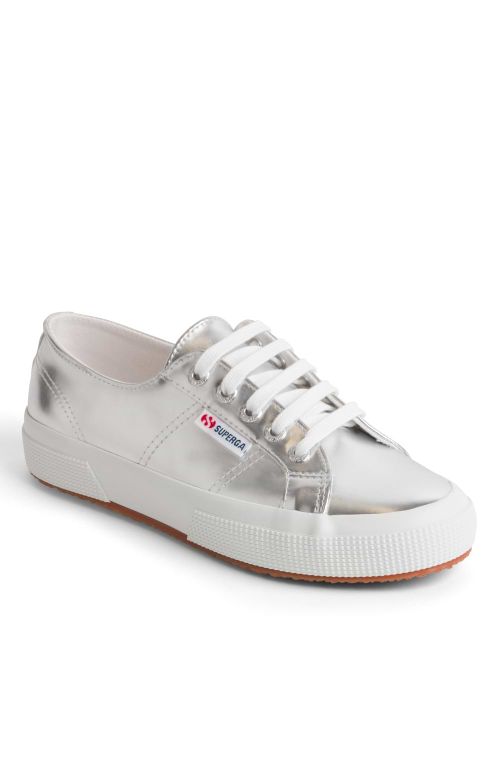Ladies Mirror Faux Leather Trainers - Silver