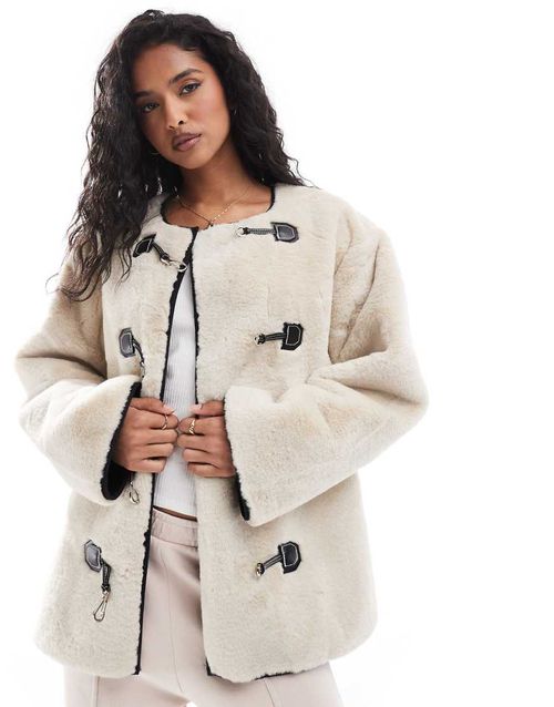 YAS faux fur jacket with buckle fastening in neutral