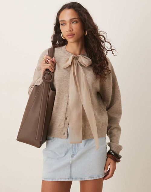 Tie neck knit jumper in coffee oat-Brown