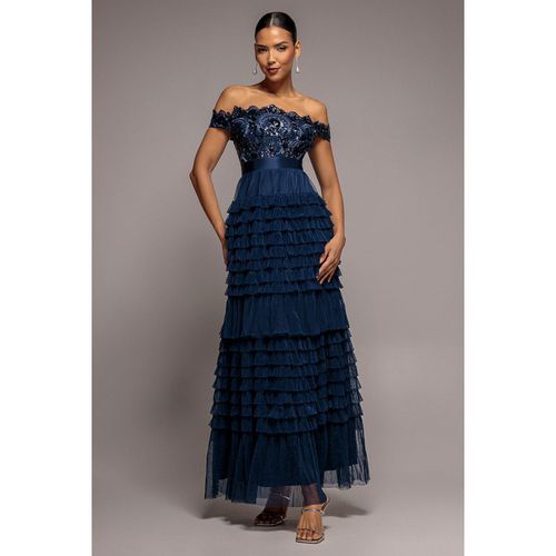 Goddiva Scallop Bardot Ruffle Mesh Maxi - Navy