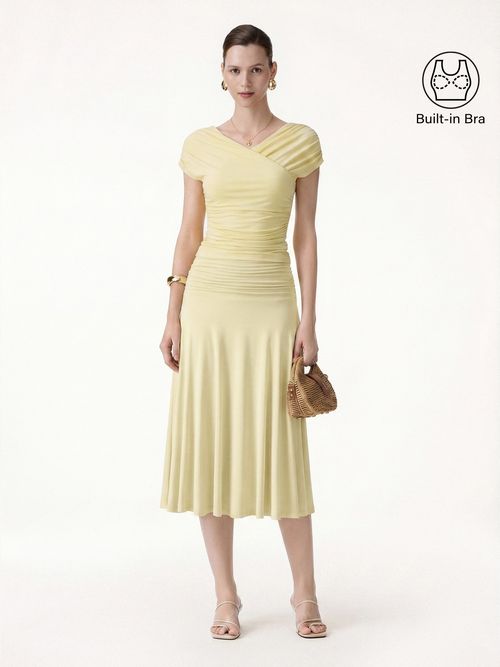 2Pcs Set Surplice V-Neck Bra Top & Side Ruched A-line Midi Skirt - Butter Yellow / XS