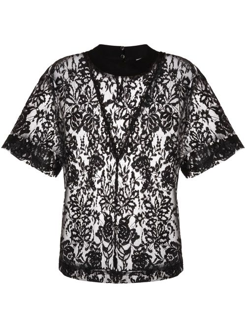Floral-lace short-sleeve top - Black