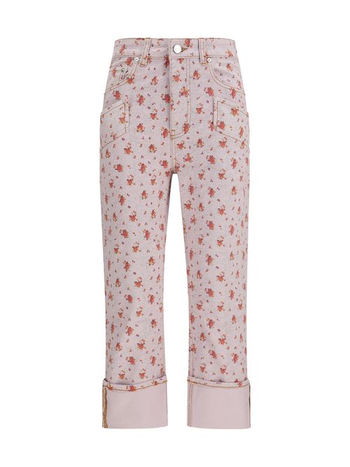 Floral-Printed Stretch Denim Capri Pants — Pink