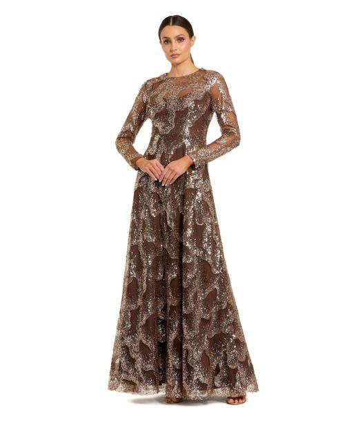Women's Embellished Mesh Long Sleeve High Neck Gown - Bronze