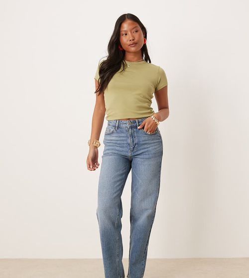 Vila Petite Kelly high waisted wide leg jean in mid blue wash