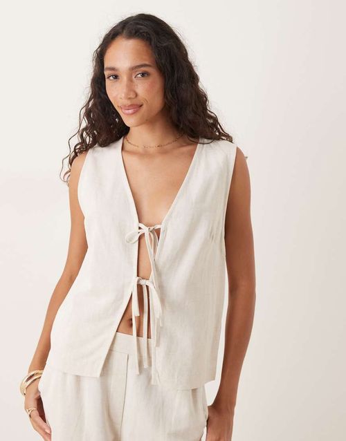 Tie front waistcoat with linen co-ord in natural-Neutral