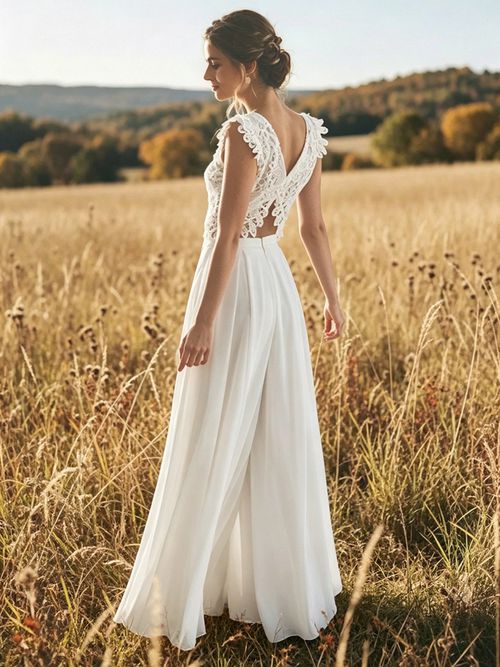 Two-piece Wedding Dress Lace V-Neck Two-piece Floor-Length Zipper Sleeveless Floor Length