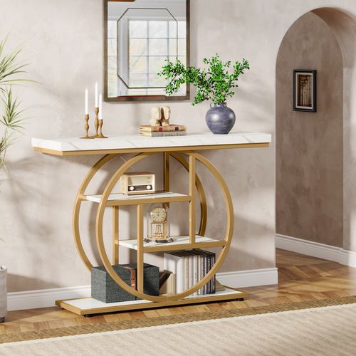 "41.3"" Console Table, Industrial 4-Tier Sofa Table Entryway Table with Circle Base, Narrow Wood Accent Tables with Storage Shelves for Livin"
