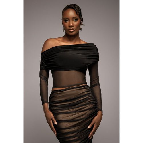 Goddiva Gathered Bardot Asymmetric Mesh Panel Top - Black