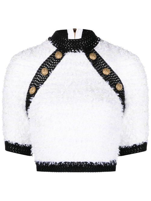 Button-embellished tweed crop top - White
