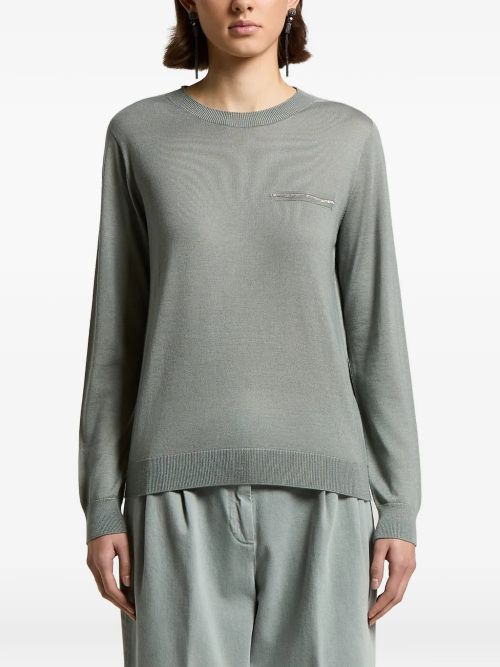 Bead-Embellished Pocket Sweater — Green