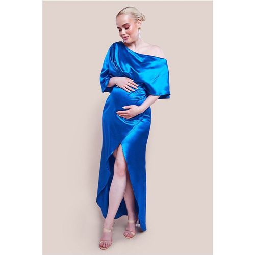 Goddiva Maternity Satin Drape Shoulder Wrap Maxi Dress - Royal Blue