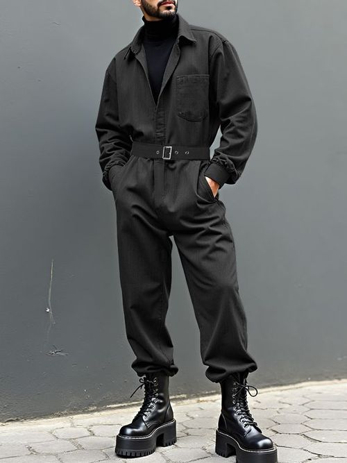 Men's Solid Color Utility Jumpsuit SKUL35106 - Black / S