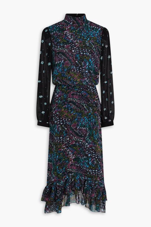 Isa ruffled floral-print silk-georgette midi dress - Black - UK 6