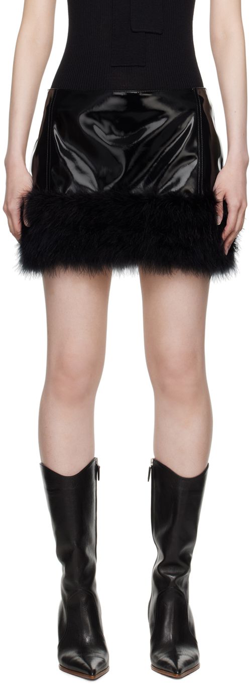 Blumarine Black Marabou Feather Faux-Leather Miniskirt