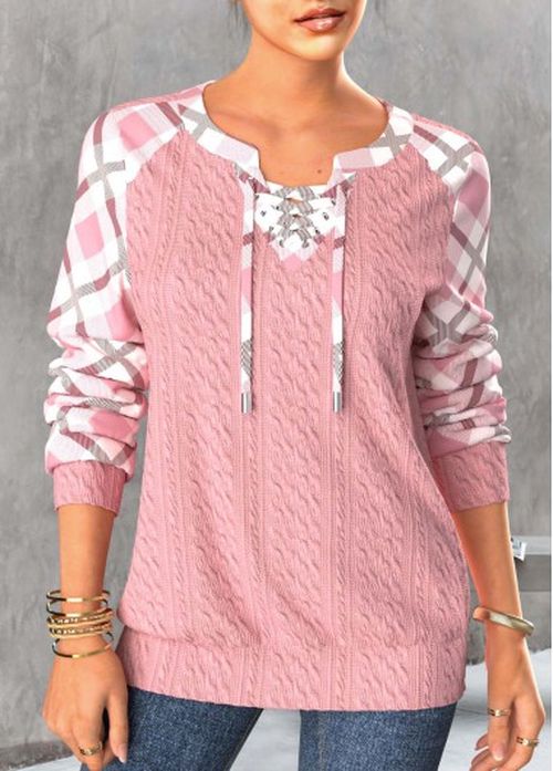 Modlily Light Pink Lace Up Plaid Long Sleeve Sweatshirt