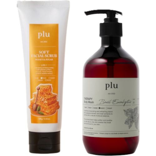 Plu - Soft Facial Scrub Honey & Sugar - 100g & Therapy Body Wash - 500g - Basil Eucalyptus Set