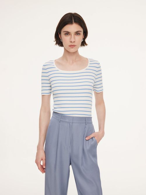 Lyocell Blend Stripe Square Neck Women Knit Top
