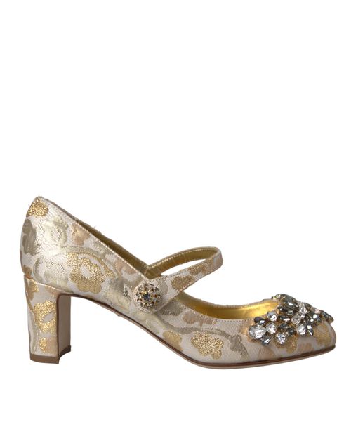 Dolce & Gabbana Gold Jacquard Crystal Mary Janes Pumps Women's Shoe