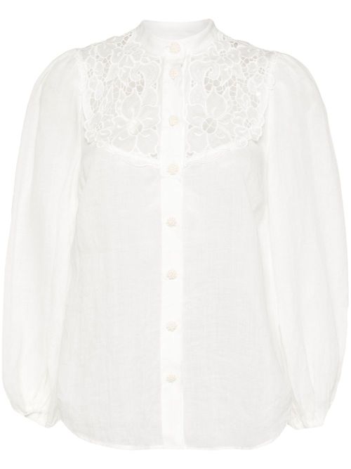 Floral-embroidered ramie shirt - White