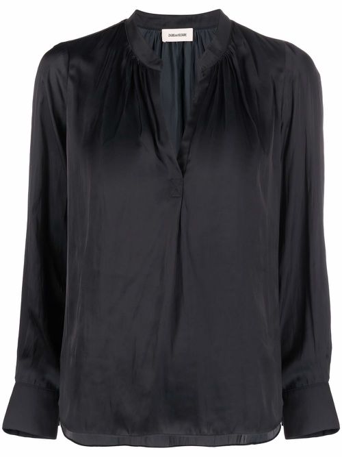 Satin-finish V-neck blouse - Black