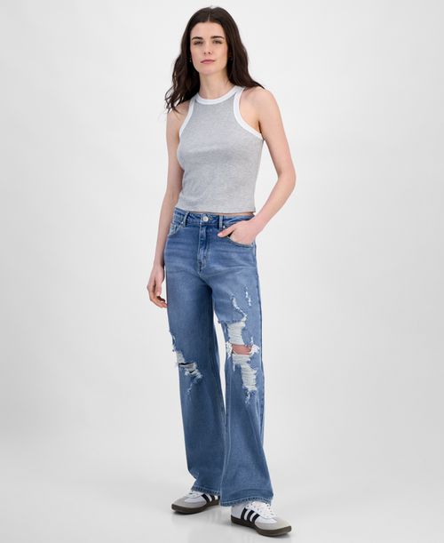 Juniors' Super High Rise Distressed 90s Wide Leg Jeans - Medium Wash