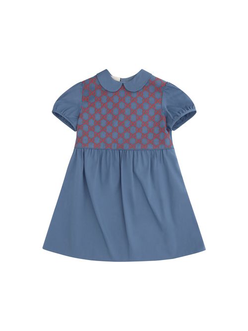 GG-Embroidered Cotton Poplin Dress — Blue