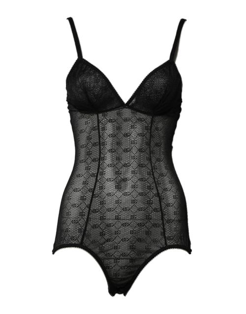 Stretch Nylon Lace Bodysuit — Black