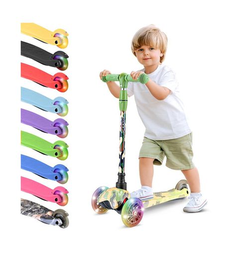 Lightweight and Adjustable Mini Kickboard Scooter with Led Light Wheel for Kids (Camo) - Beige/khaki