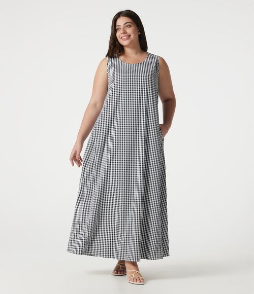 Plus Size Round Neck Sleeveless Midi Crinkle Gingham Casual Tank Dress with Pockets Casual Dress - Black White Bubble Grid