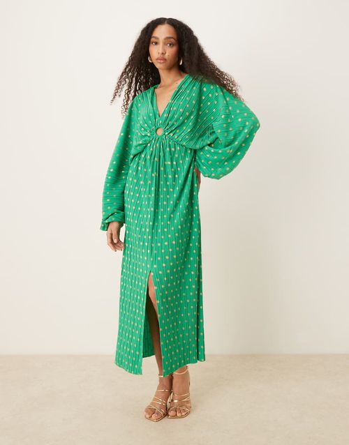 YAS foil polka dot plisse blouson sleeve maxi dress in green
