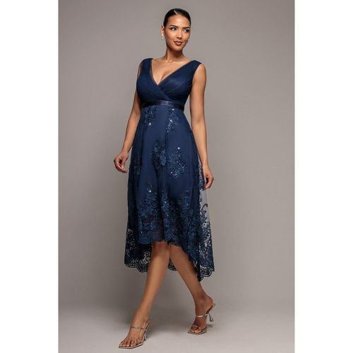 Goddiva Pleated Satin Bodice High And Low Dress - Navy