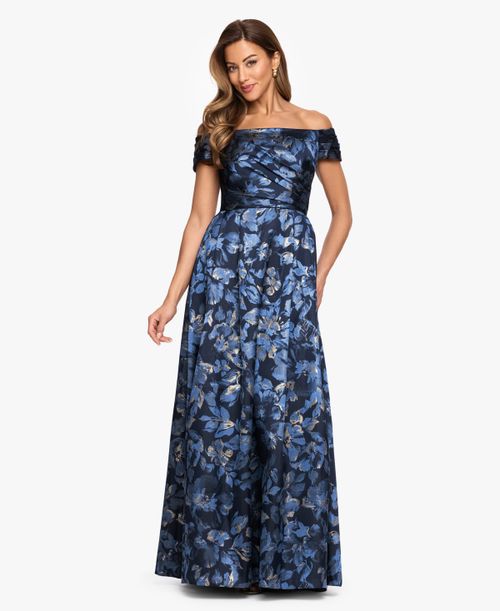 Women's Off-The-Shoulder Brocade Ball Gown - NAVY/GOLD