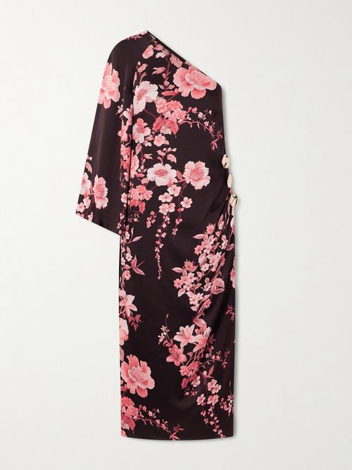 Atlantis One-sleeve Embellished Printed Satin Midi Dress - Purple